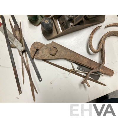 Collection of Vintage Hand Tools Including Stanley Breast Drill, Stanley and Timber Hand Planes, Plumbers Pliers