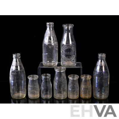 Collection Nine Vintage Glass Milk Bottles Including Camden Vale, Six Dairy Farmers Examples of Various Sizes, & Two NSW Fresh Food Pint Examples