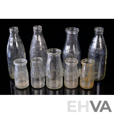 Collection Nine Vintage Glass Milk Bottles Including Camden Vale, Six Dairy Farmers Examples of Various Sizes, & Two NSW Fresh Food Pint Examples