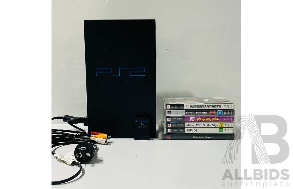 Retro PlayStation 2 Console Including 8MB Memory Card with Collection of PSP and PS2 Games Including Hyper Street Fighter 2 for the PlayStation 2, FIFA 06 for the PlayStation Portable and More