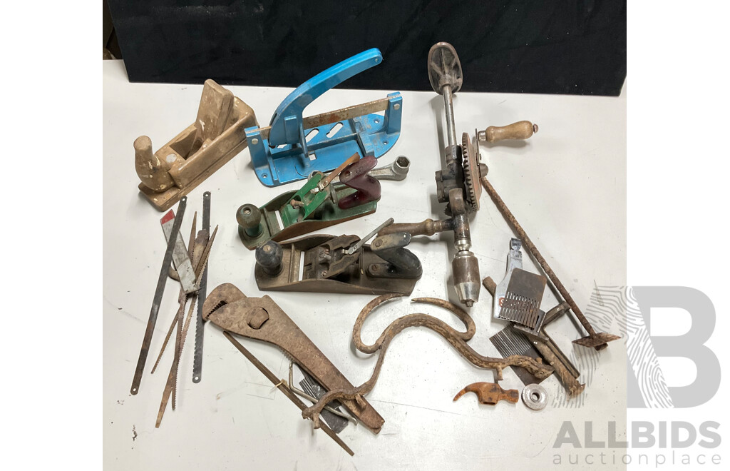Collection of Vintage Hand Tools Including Stanley Breast Drill, Stanley and Timber Hand Planes, Plumbers Pliers