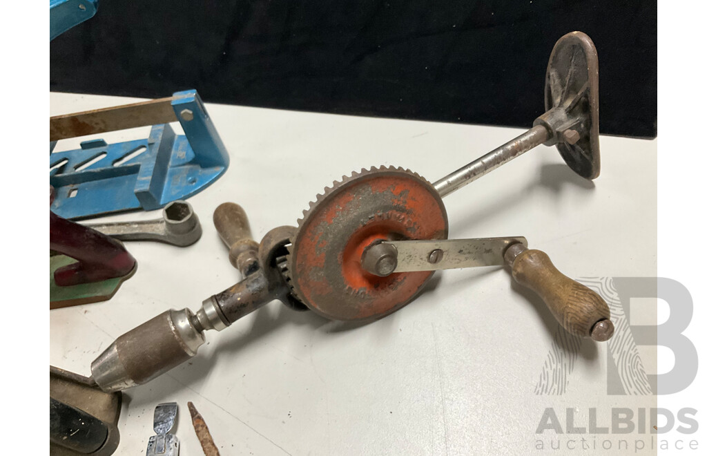 Collection of Vintage Hand Tools Including Stanley Breast Drill, Stanley and Timber Hand Planes, Plumbers Pliers