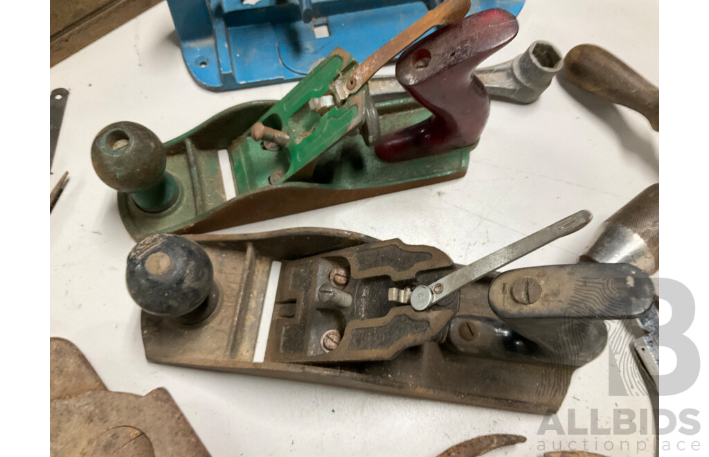 Collection of Vintage Hand Tools Including Stanley Breast Drill, Stanley and Timber Hand Planes, Plumbers Pliers