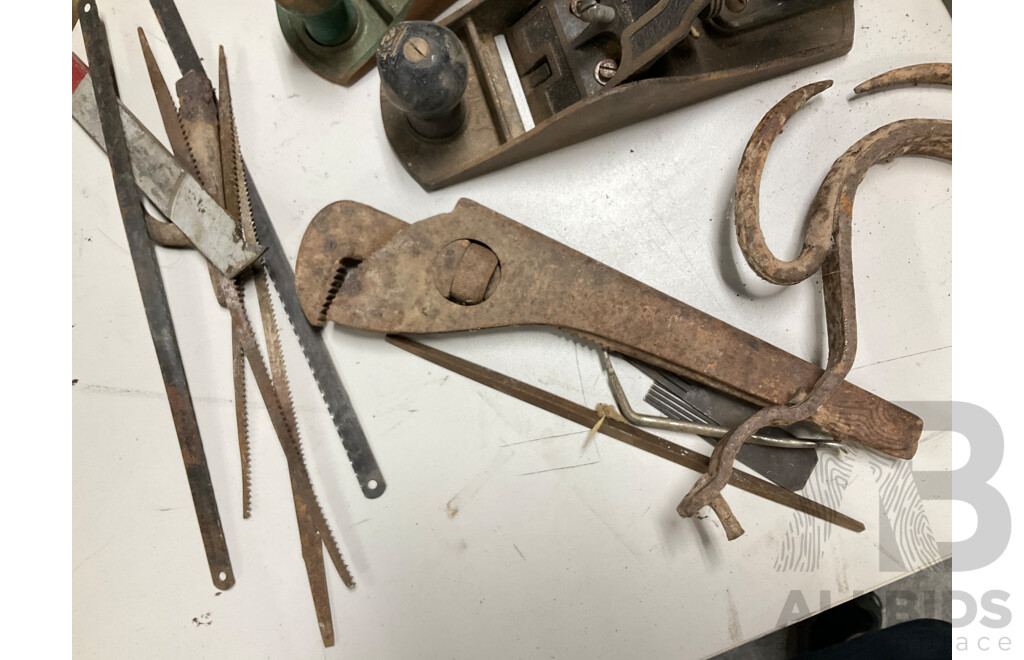 Collection of Vintage Hand Tools Including Stanley Breast Drill, Stanley and Timber Hand Planes, Plumbers Pliers