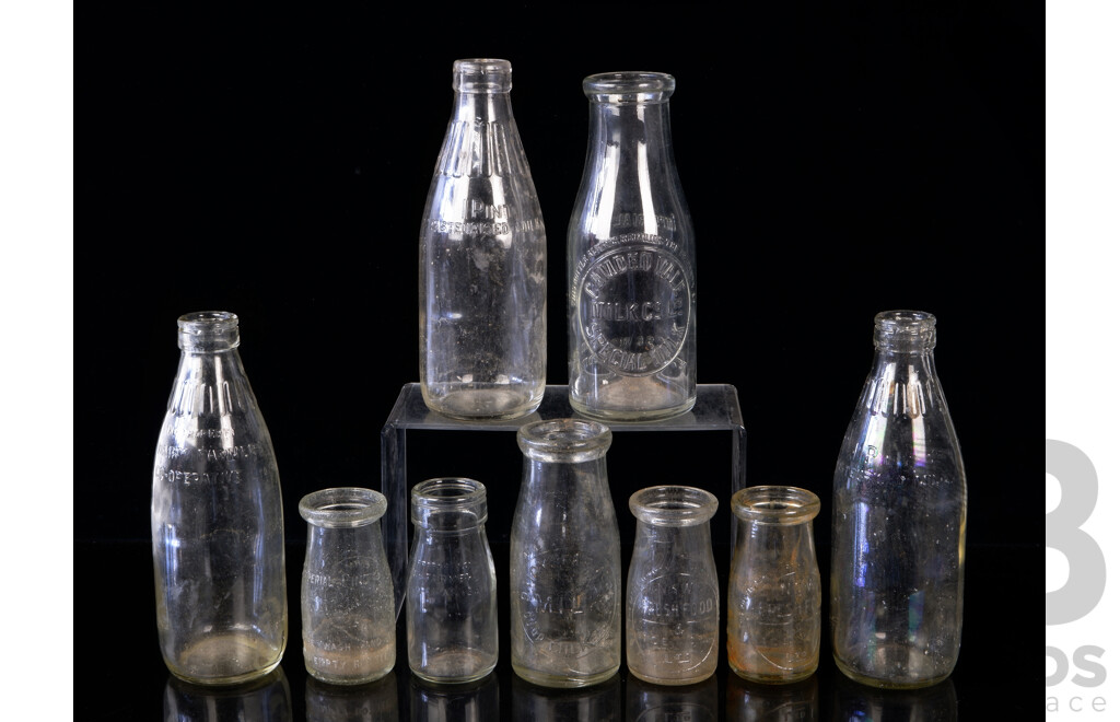 Collection Nine Vintage Glass Milk Bottles Including Camden Vale, Six Dairy Farmers Examples of Various Sizes, & Two NSW Fresh Food Pint Examples