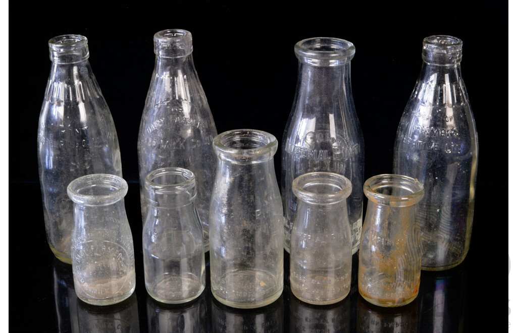 Collection Nine Vintage Glass Milk Bottles Including Camden Vale, Six Dairy Farmers Examples of Various Sizes, & Two NSW Fresh Food Pint Examples