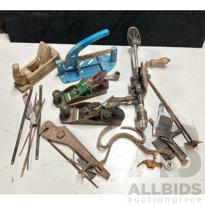 Collection of Vintage Hand Tools Including Stanley Breast Drill, Stanley and Timber Hand Planes, Plumbers Pliers