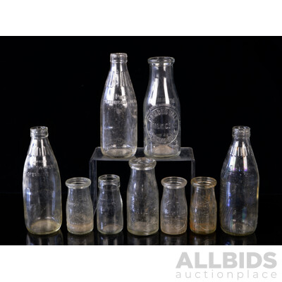 Collection Nine Vintage Glass Milk Bottles Including Camden Vale, Six Dairy Farmers Examples of Various Sizes, & Two NSW Fresh Food Pint Examples