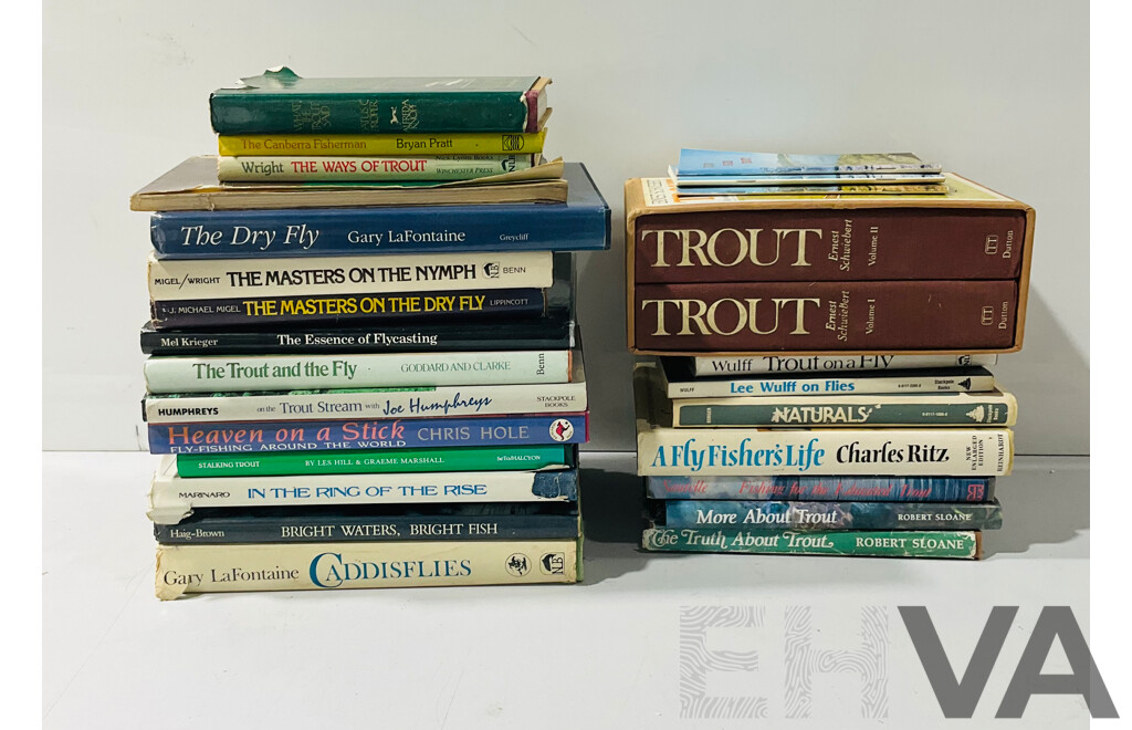 Large Collection Vintage and Other Books Regarding Trout Fishing and Fly Tying Including Local Knowledge Volumes and Two Voume Trout Set by Ernest Shweiber