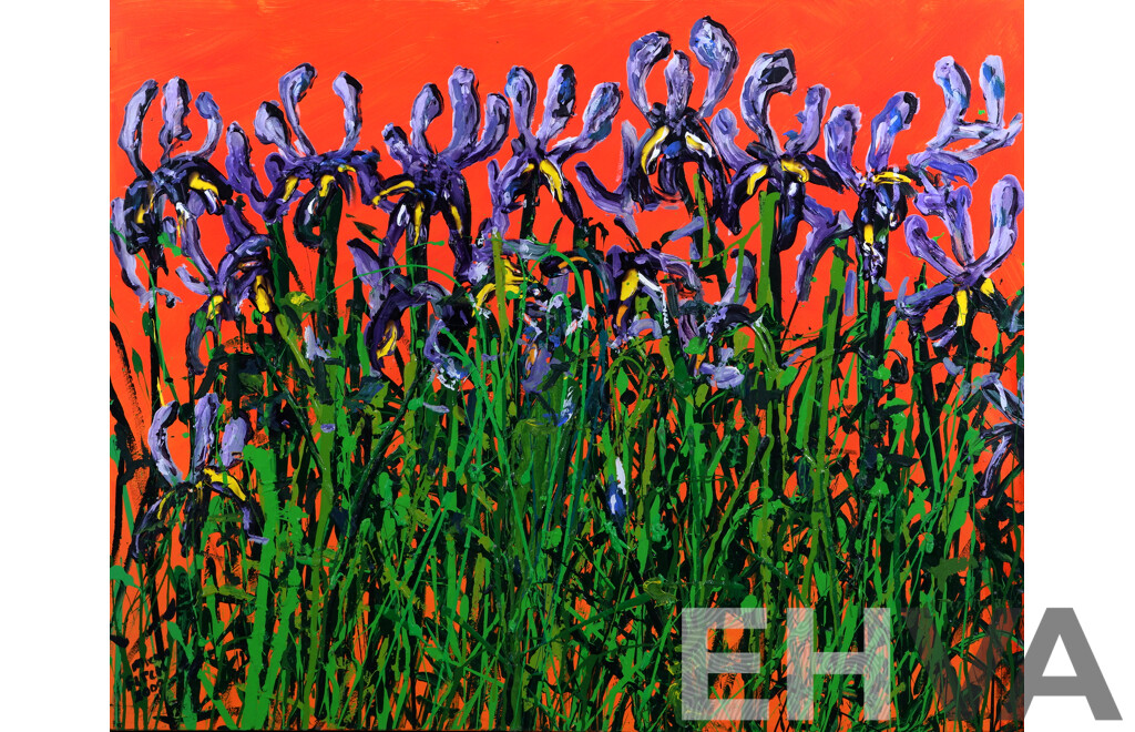 Michael Fitch, (20th Century, Australian), Irises Two, Wonderfully Bright Acrylic on Canvas, 80 x 100 cm