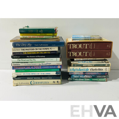 Large Collection Vintage and Other Books Regarding Trout Fishing and Fly Tying Including Local Knowledge Volumes and Two Voume Trout Set by Ernest Shweiber
