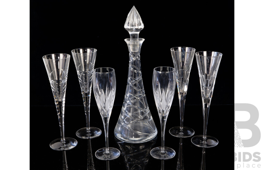 Collection Royal Doulton Crystal Comprising Decanter & Six Champagne Flutes in Three Styles