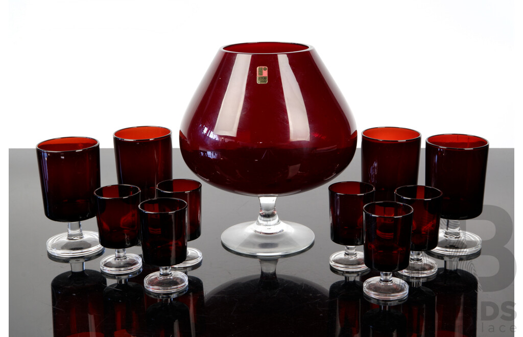 Collection Mid Century Ruby Glass Comprising Swedish RYD Oversize Brandy Balloon Along with Set Four Sherry Glasses and Set Six Liqueur Glasses