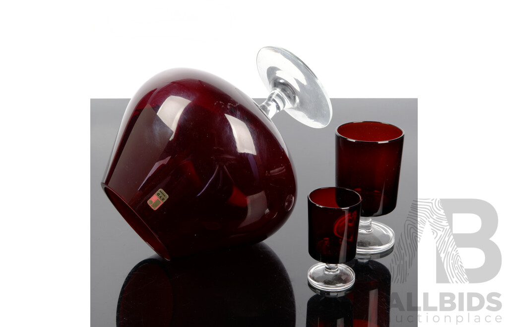 Collection Mid Century Ruby Glass Comprising Swedish RYD Oversize Brandy Balloon Along with Set Four Sherry Glasses and Set Six Liqueur Glasses