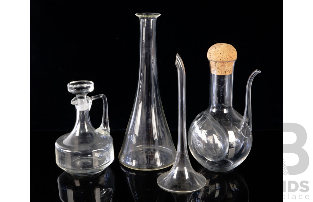 Collection Mid Century Glass Ware Including Tall Carafe with Funnel by South Australian Jam Factory Studio Glass Artist Nick Mount, Orrefors Wine Decanter with Cork Stopper an More