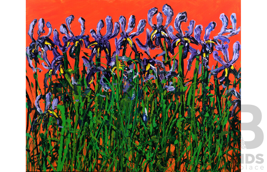 Michael Fitch, (20th Century, Australian), Irises Two, Wonderfully Bright Acrylic on Canvas, 80 x 100 cm