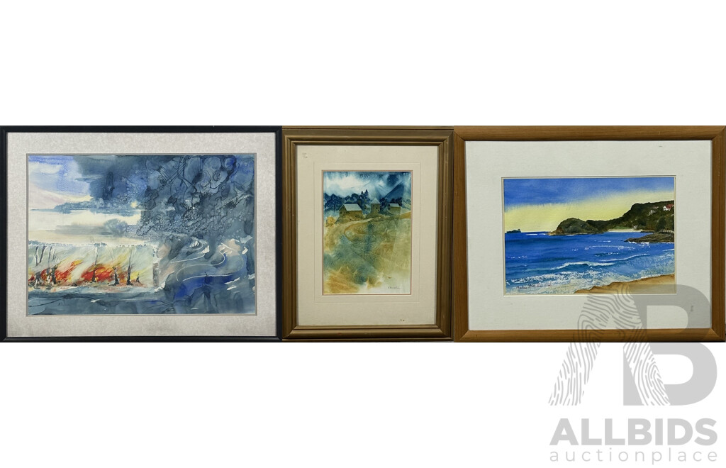 NJ Cullen, Marlene McMillan Martin, & Y. Arnell, (20th Century, Australians), Firestorm, Tranquil Bay & Cosy Homes, Trio of Watercolours, 49 x 69 cm (largest Image) (3)