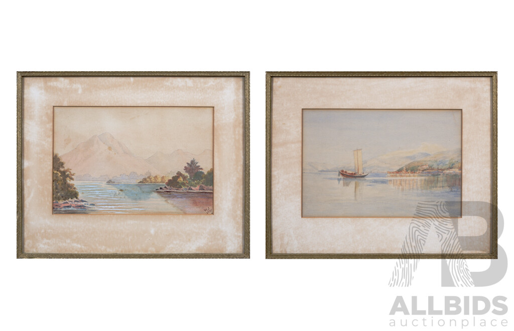 W.J (Working c1890s), Mountainscape & Boat on Water, Exceptionally Wonderful Late 19th Century Landscape Studies in Watercolour, 18 x 27 cm (frames) (2)