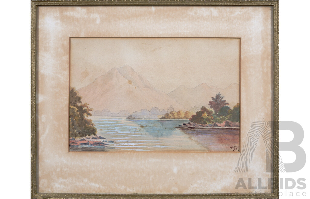 W.J (Working c1890s), Mountainscape & Boat on Water, Exceptionally Wonderful Late 19th Century Landscape Studies in Watercolour, 18 x 27 cm (frames) (2)