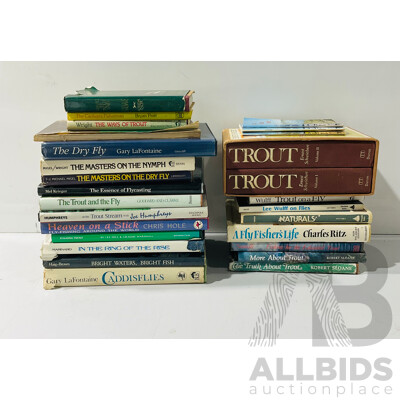 Large Collection Vintage and Other Books Regarding Trout Fishing and Fly Tying Including Local Knowledge Volumes and Two Voume Trout Set by Ernest Shweiber
