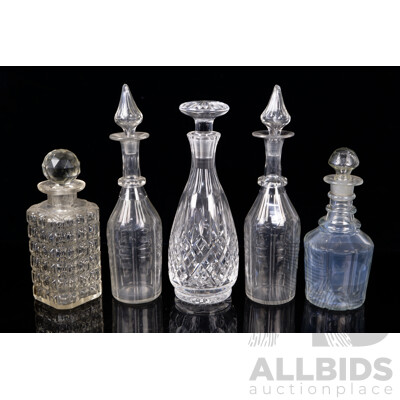 Collection Five Antique and Vintage Crystal and Cut Glass Decanters with Stoppers Including Late Victorian Pair and More