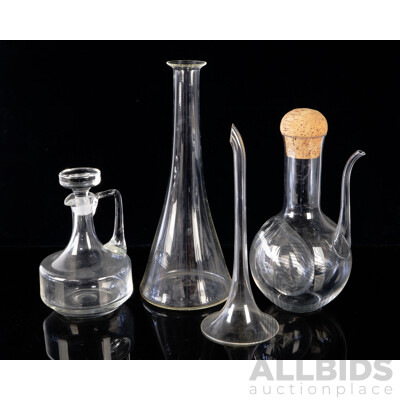 Collection Mid Century Glass Ware Including Orrefors Wine Decanter with Cork Stopper, Wine Funnel, Large Flask Form Carafe and More