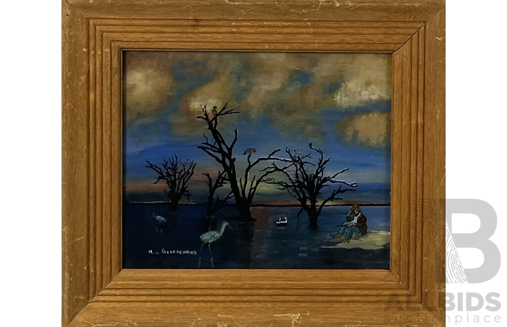 H V Graffenried (20th Century, Australian, Working 2010s), Fishing in the Outback, (2013), Ink and Oil on Board, 38 X 42 Cm (frame)