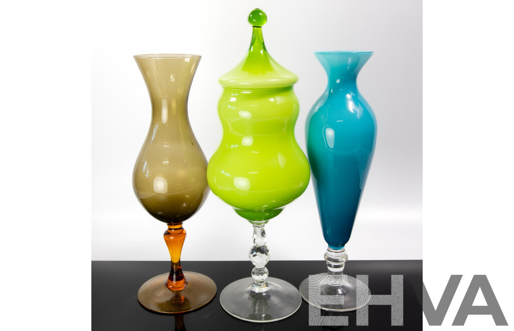 Collection Three Mid Century Art Glass Pieces Including Green Footed Lidded Example