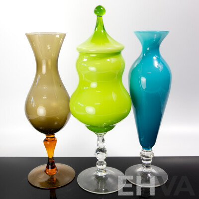Collection Three Mid Century Art Glass Pieces Including Green Footed Lidded Example