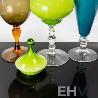 Collection Three Mid Century Art Glass Pieces Including Green Footed Lidded Example