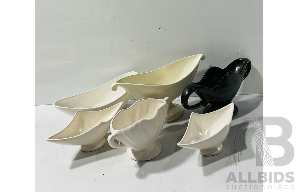 Retro Collection White and Black Ceramics Including Beswick White Footed Boat Form Example and More