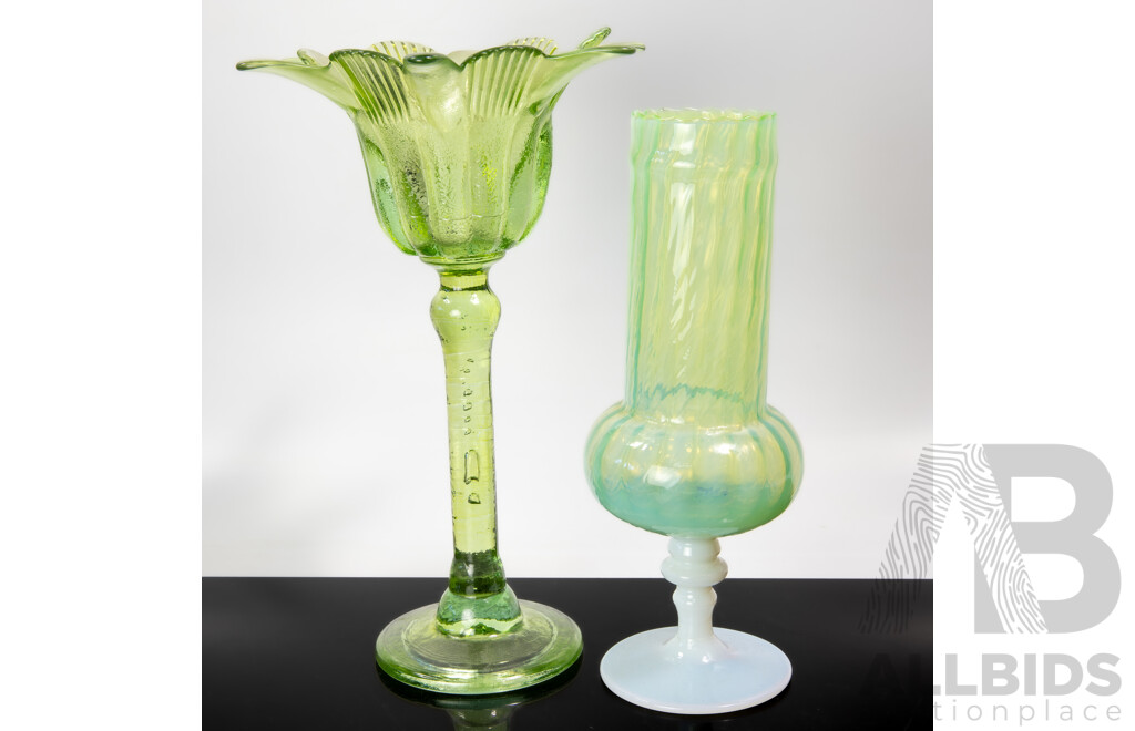 Two Art Glass Pieces Including White Footed Iridescent Green Example