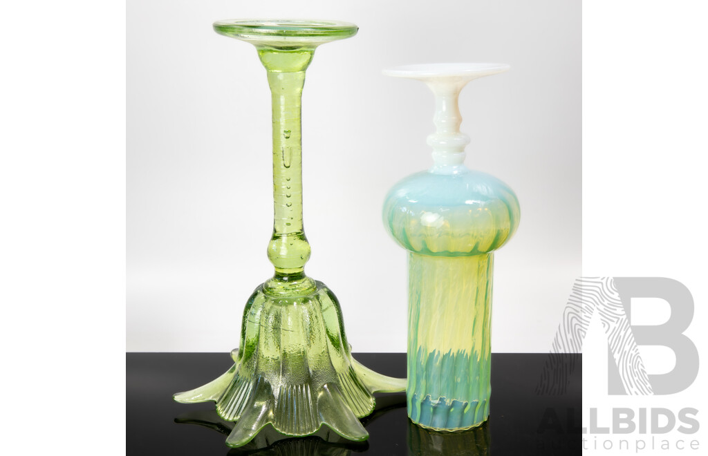 Two Art Glass Pieces Including White Footed Iridescent Green Example