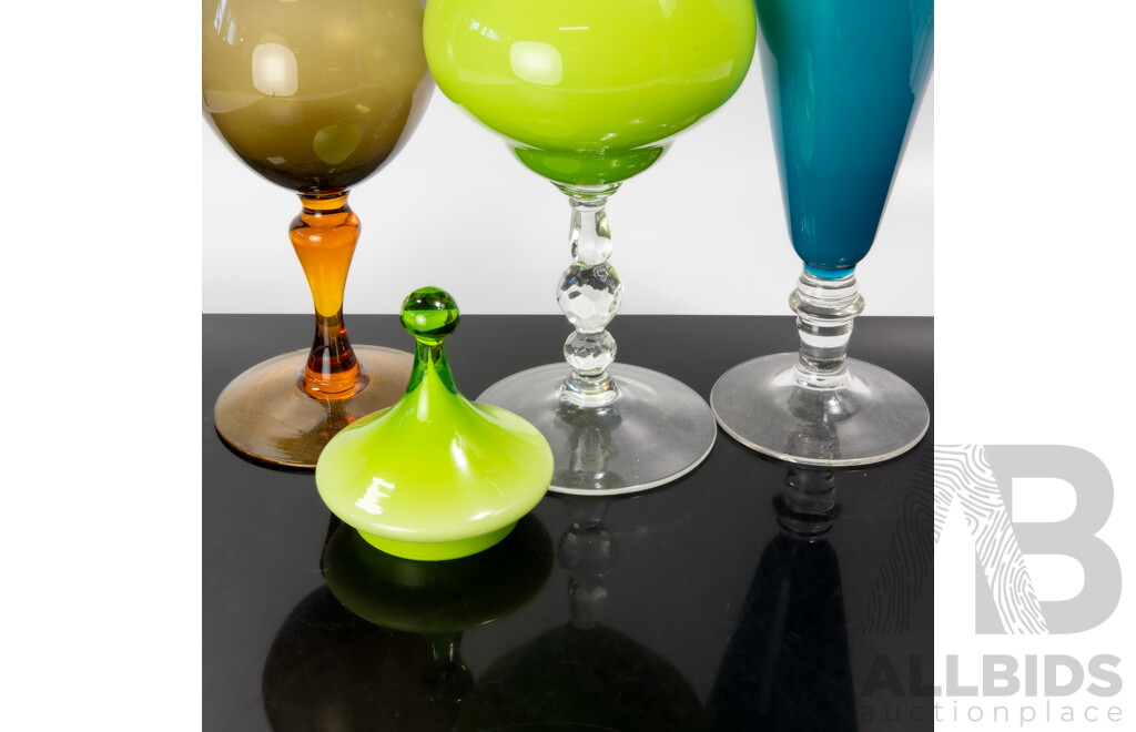 Collection Three Mid Century Art Glass Pieces Including Green Footed Lidded Example