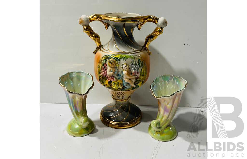 Italian Capodiamonte Twin Handled Vase Along with Pair Cornucopia Form Lusterware Mantle Vases