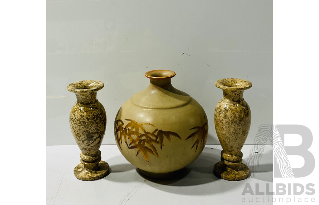 Pair Turned Stone Vases Along with Studio Pottery Vase