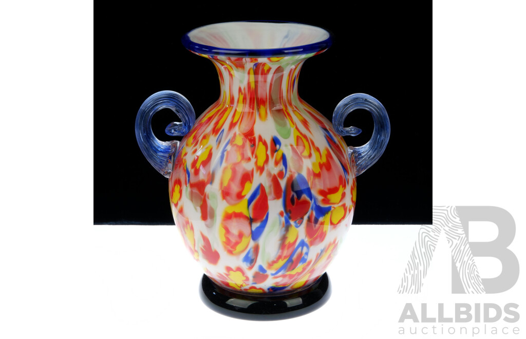 Art Glass Vase with Twin Handles and Multicoloured Detail