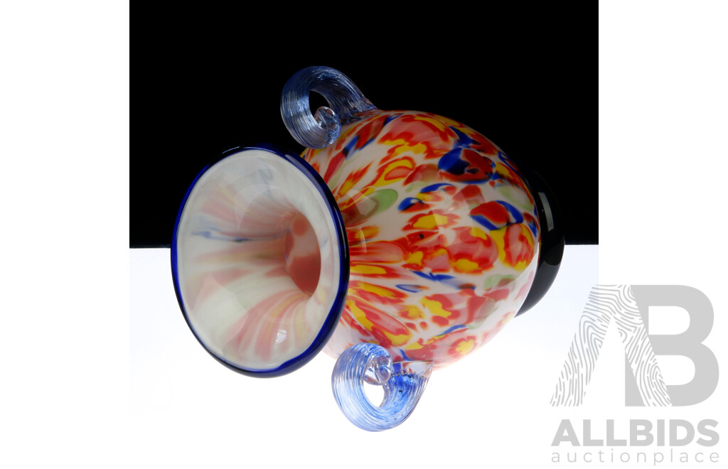 Art Glass Vase with Twin Handles and Multicoloured Detail