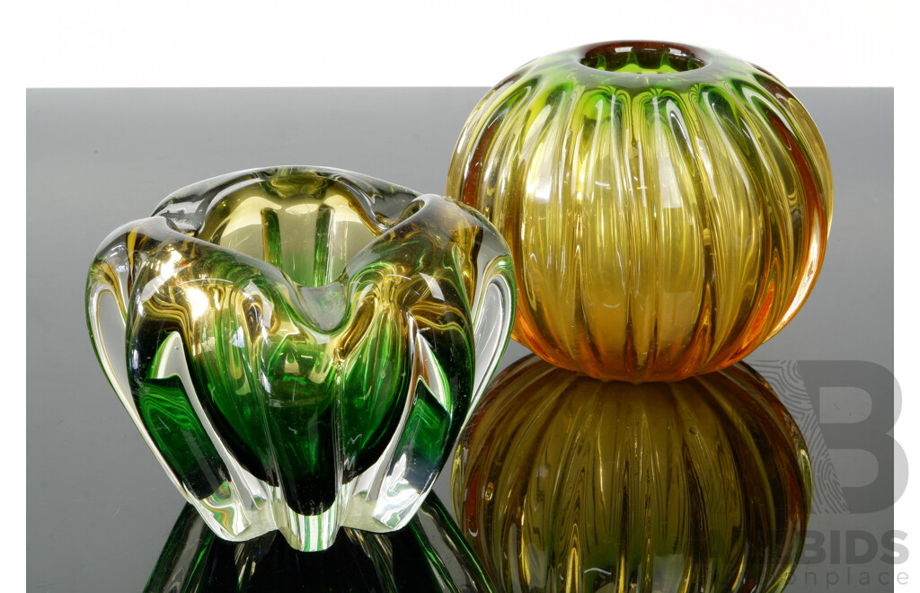 Two Murano Style Heavy Art Glass Vases with Ridged Detail