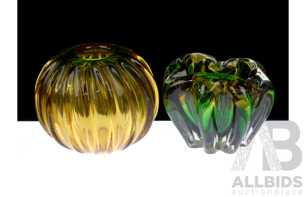 Two Murano Style Heavy Art Glass Vases with Ridged Detail