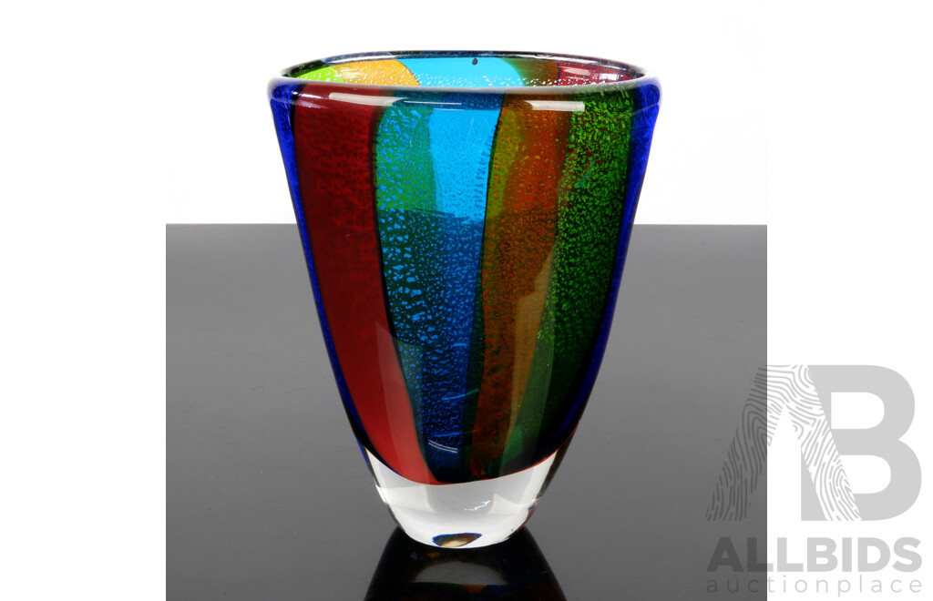 Large Heavy Art Glass Vase with Striped Detail