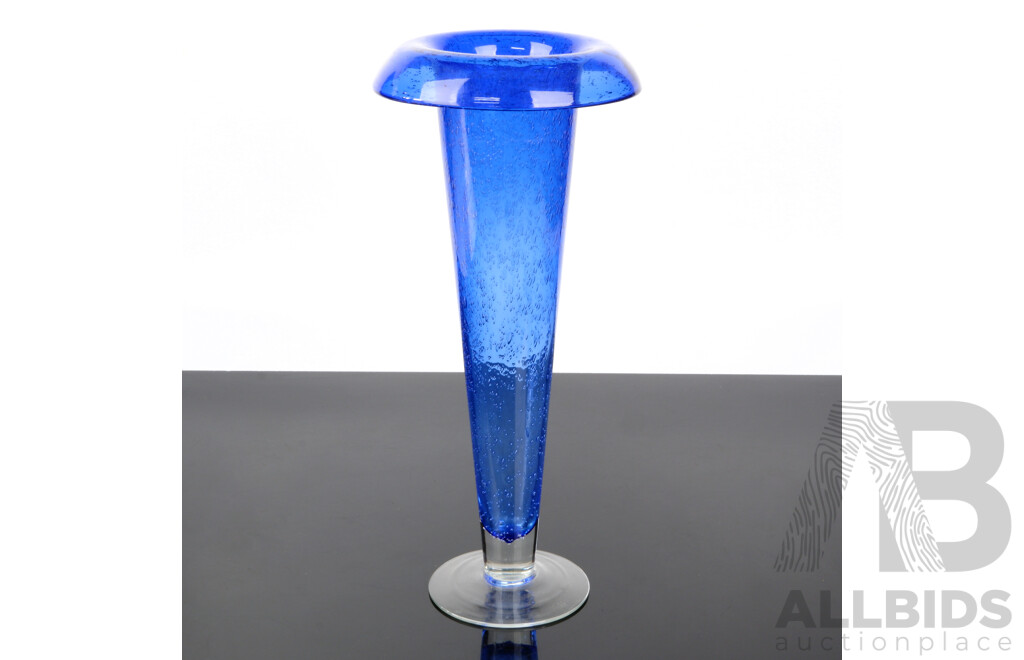 Large Pedestal Art Glass Vase with Curled Rim and Internal Bubble Detail