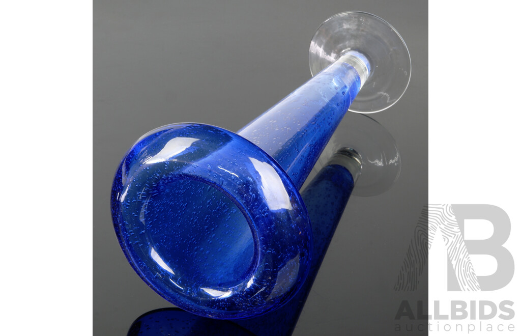 Large Pedestal Art Glass Vase with Curled Rim and Internal Bubble Detail