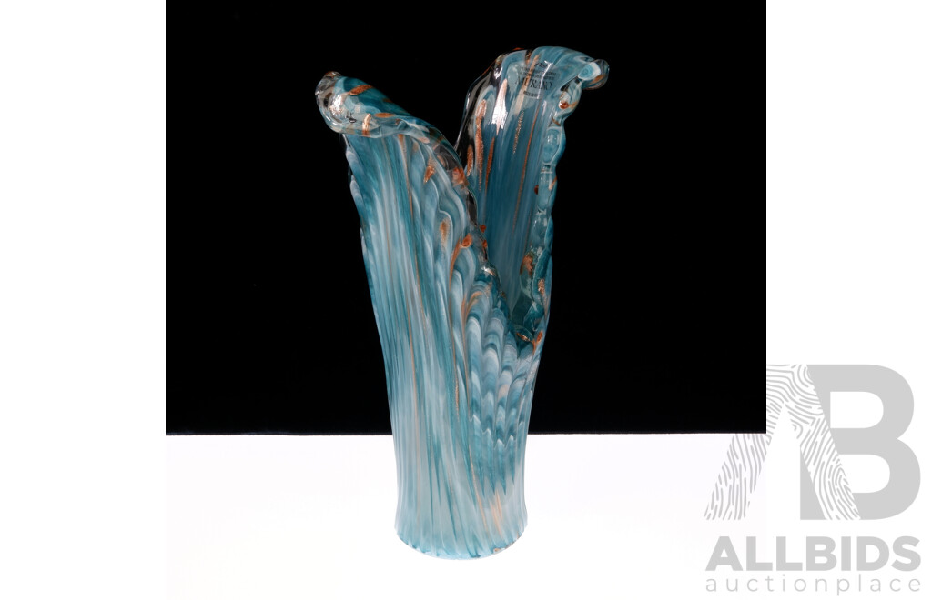 Murano Art Glass Vase V Shape and Ruffled Detail, Aventurine Inclusions and Original Label