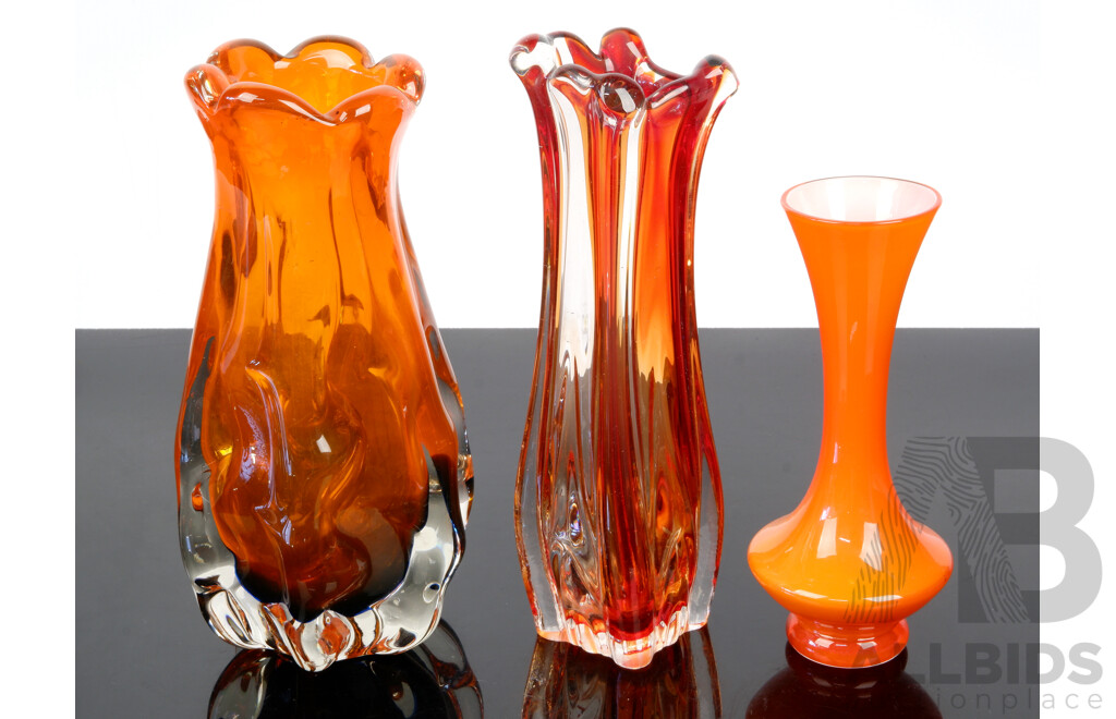 Collection Three Art Glass Vase Including Two Murano Style Heavy Orange & Red Examples