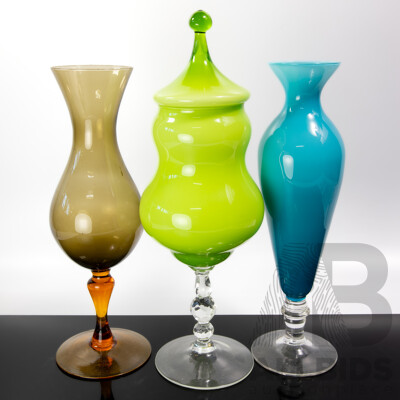 Collection Three Mid Century Art Glass Pieces Including Green Footed Lidded Example