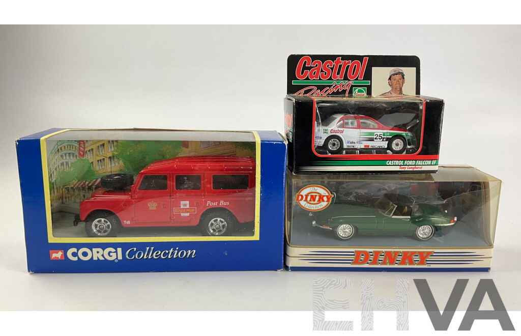 Corgi Royal Mail Land Rover, 1968 Jaguar E Type and Matchbox Castrol Racing EF Falcon