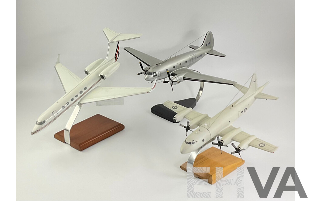 Three Large Display Model Aircraft Including Air America B-146, RAAF Cargo Plane and Twin Engine Lear Jet