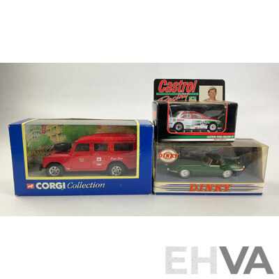 Corgi Royal Mail Land Rover, 1968 Jaguar E Type and Matchbox Castrol Racing EF Falcon