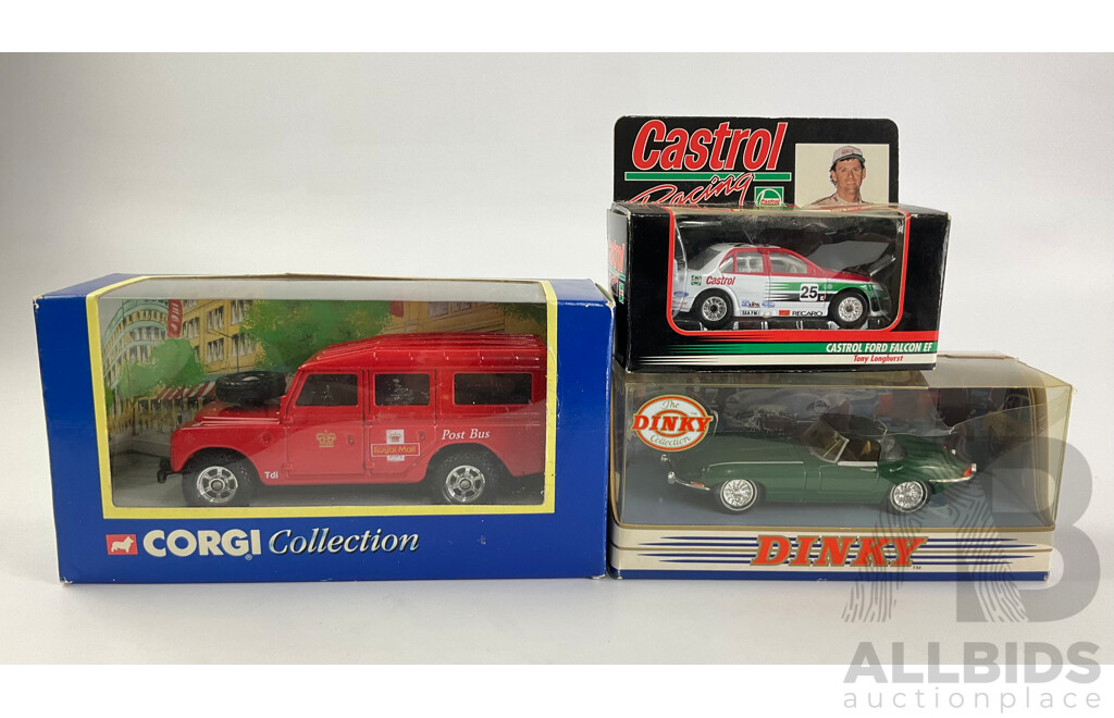 Corgi Royal Mail Land Rover, 1968 Jaguar E Type and Matchbox Castrol Racing EF Falcon